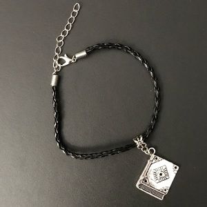 Black Braided Leather Book Charm Bracelet